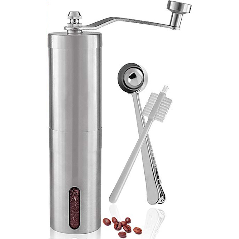 Rostfri stål, sladdlös manuell Kaffe Grinder Conical Burr Hand Coffee Bean Grinder med Measuring Brush Spoon